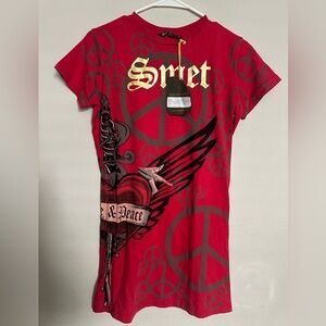 NWT Smet by Christian Audigier Red "Love & Peace" Tattoo Graphic Tee - Size L